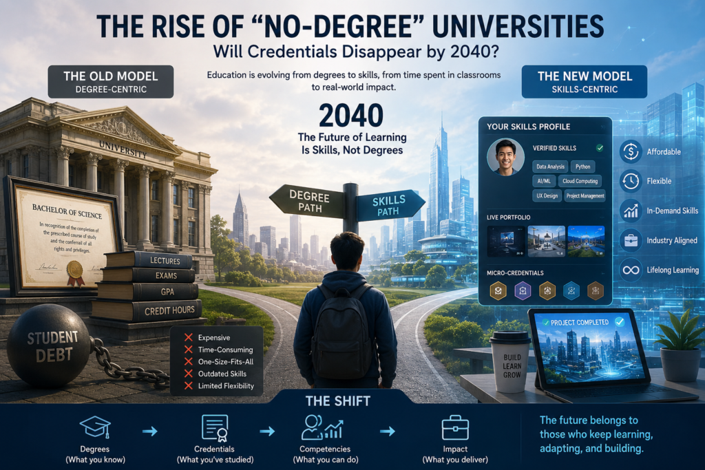 The Rise of “No-Degree” Universities: Will Credentials Disappear by 2040?